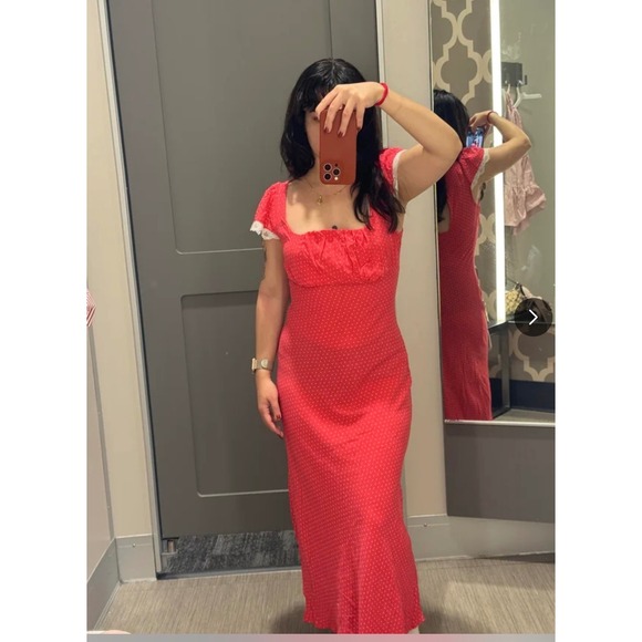 Wild Fable Red White Polka Dot Square Neck Open Back Midi Dress Cap Sleeve XL - Picture 2 of 16